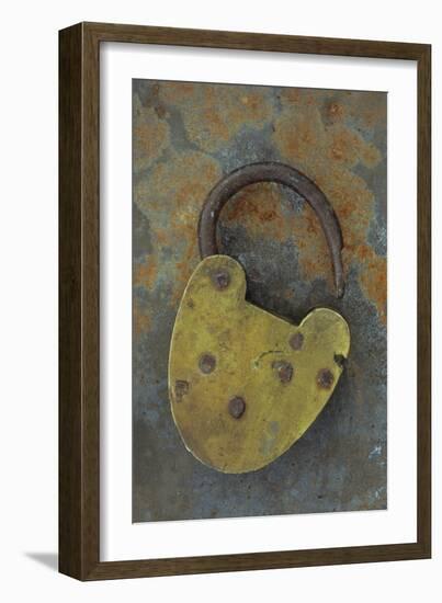 Old Brass Padlock Lying on Rusty Metal Sheet-Den Reader-Framed Photographic Print