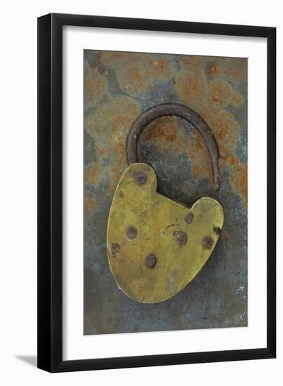 Old Brass Padlock Lying on Rusty Metal Sheet-Den Reader-Framed Photographic Print