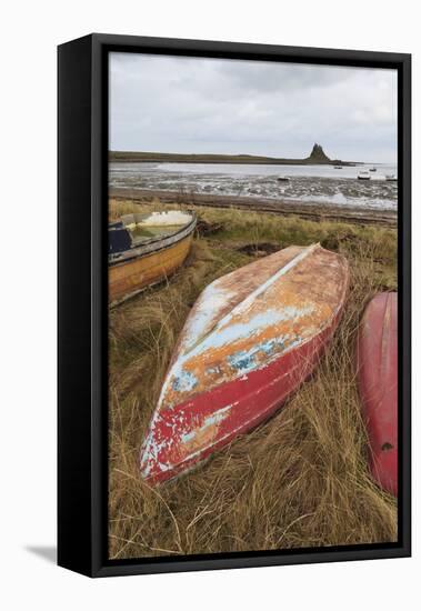 Old Brightly Painted Fishing Boats and Lindisfarne Castle in Winter, Holy Island, Northumberland-Eleanor Scriven-Framed Stretched Canvas