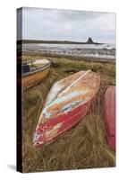 Old Brightly Painted Fishing Boats and Lindisfarne Castle in Winter, Holy Island, Northumberland-Eleanor Scriven-Stretched Canvas