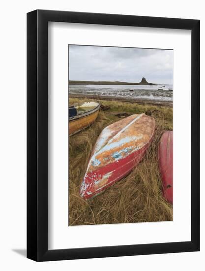 Old Brightly Painted Fishing Boats and Lindisfarne Castle in Winter, Holy Island, Northumberland-Eleanor Scriven-Framed Photographic Print