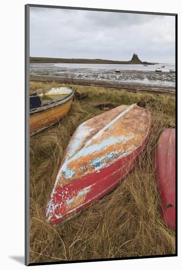 Old Brightly Painted Fishing Boats and Lindisfarne Castle in Winter, Holy Island, Northumberland-Eleanor Scriven-Mounted Photographic Print