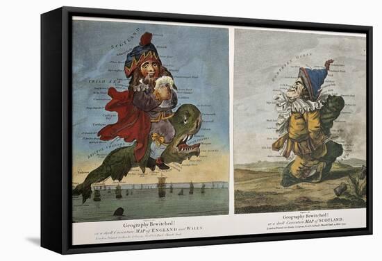 Old Caricature Maps Of England-Wales And Scotland-marzolino-Framed Stretched Canvas