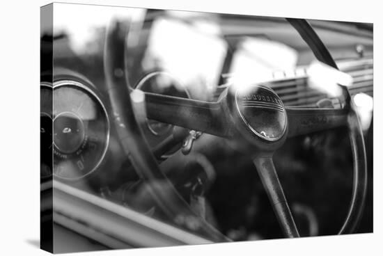 Old Chevrolet Truck's Steering Wheel in Black and White-null-Stretched Canvas