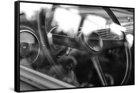 Old Chevrolet Truck's Steering Wheel in Black and White-null-Framed Stretched Canvas