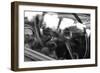 Old Chevrolet Truck's Steering Wheel in Black and White-null-Framed Photo