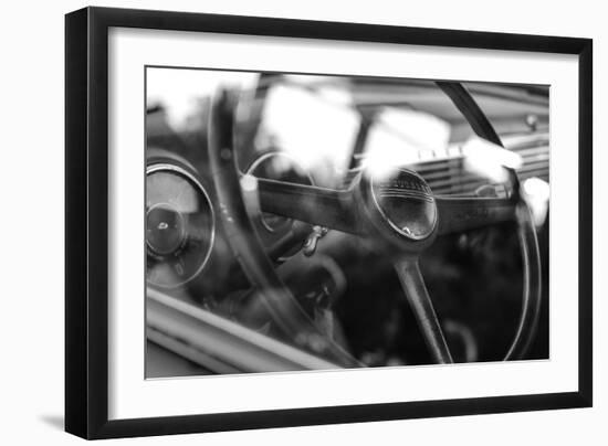 Old Chevrolet Truck's Steering Wheel in Black and White-null-Framed Photo