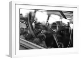 Old Chevrolet Truck's Steering Wheel in Black and White-null-Framed Photo