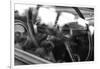 Old Chevrolet Truck's Steering Wheel in Black and White-null-Framed Photo