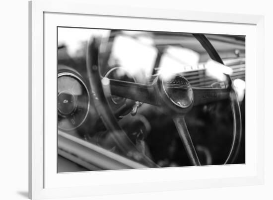 Old Chevrolet Truck's Steering Wheel in Black and White-null-Framed Photo