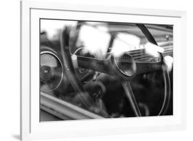 Old Chevrolet Truck's Steering Wheel in Black and White-null-Framed Photo