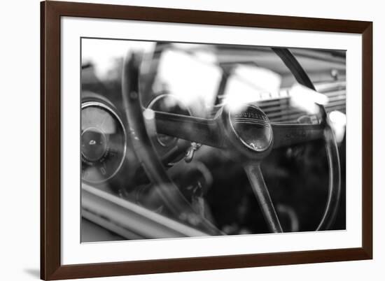 Old Chevrolet Truck's Steering Wheel in Black and White-null-Framed Photo