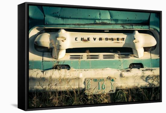 Old Chevy Pickup Sits Broken Down And Rusting In A Farm Field, Rural Idaho, Close To Town Of Driggs-Jay Goodrich-Framed Stretched Canvas
