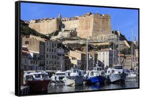 Old citadel view with yachts in the marina, Bonifacio, Corsica, France, Mediterranean, Europe-Eleanor Scriven-Framed Stretched Canvas