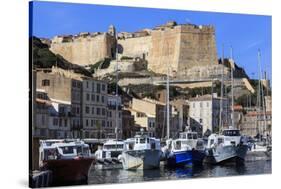 Old citadel view with yachts in the marina, Bonifacio, Corsica, France, Mediterranean, Europe-Eleanor Scriven-Stretched Canvas