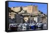 Old citadel view with yachts in the marina, Bonifacio, Corsica, France, Mediterranean, Europe-Eleanor Scriven-Framed Stretched Canvas