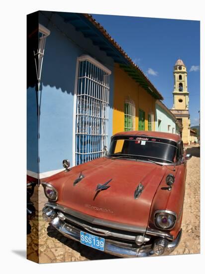 Old Classic Chevy on Cobblestone Street of Trinidad, Cuba-Bill Bachmann-Stretched Canvas