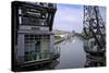 Old Dockside Cranes Frame the Harbour, Bristol, England, United Kingdom, Europe-Rob Cousins-Stretched Canvas