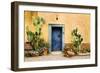 Old Doorway Surrounded by Cactus Plants and Stucco Wall.-BCFC-Framed Photographic Print