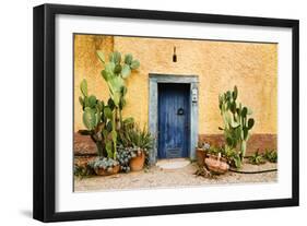 Old Doorway Surrounded by Cactus Plants and Stucco Wall.-BCFC-Framed Photographic Print