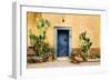 Old Doorway Surrounded by Cactus Plants and Stucco Wall.-BCFC-Framed Photographic Print