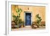 Old Doorway Surrounded by Cactus Plants and Stucco Wall.-BCFC-Framed Photographic Print