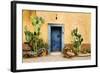 Old Doorway Surrounded by Cactus Plants and Stucco Wall.-BCFC-Framed Photographic Print