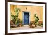 Old Doorway Surrounded by Cactus Plants and Stucco Wall.-BCFC-Framed Photographic Print