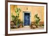 Old Doorway Surrounded by Cactus Plants and Stucco Wall.-BCFC-Framed Photographic Print