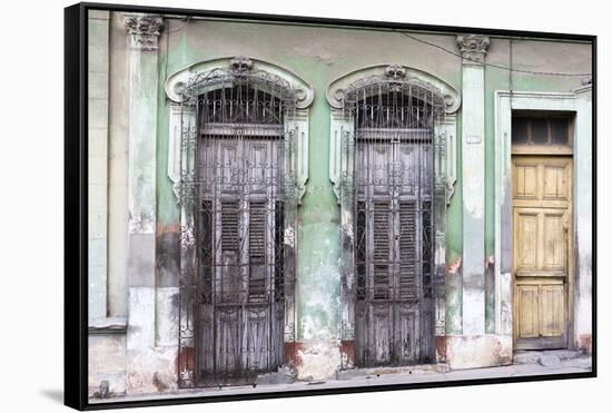 Old doorways and windows, covered by intricate metal gates, Cienfuegos, Cuba-Ed Hasler-Framed Stretched Canvas