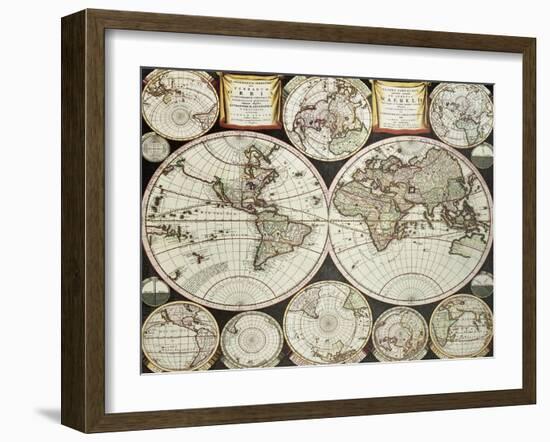 Old Double Emisphere Map Of The World Surrounded By Smallest Emispheric Projections-marzolino-Framed Art Print