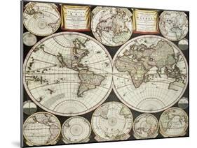 Old Double Emisphere Map Of The World Surrounded By Smallest Emispheric Projections-marzolino-Mounted Art Print