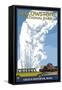 Old Faithful Lodge and Bus - Yellowstone National Park-Lantern Press-Framed Stretched Canvas