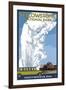 Old Faithful Lodge and Bus - Yellowstone National Park-Lantern Press-Framed Art Print