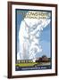 Old Faithful Lodge and Bus - Yellowstone National Park-Lantern Press-Framed Art Print