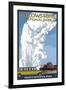 Old Faithful Lodge and Bus - Yellowstone National Park-Lantern Press-Framed Art Print