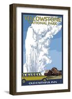 Old Faithful Lodge and Bus - Yellowstone National Park-Lantern Press-Framed Art Print