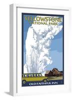 Old Faithful Lodge and Bus - Yellowstone National Park-Lantern Press-Framed Art Print