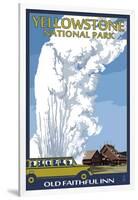 Old Faithful Lodge and Bus - Yellowstone National Park-Lantern Press-Framed Art Print