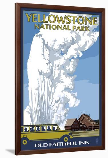 Old Faithful Lodge and Bus - Yellowstone National Park-Lantern Press-Framed Art Print