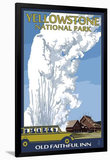 Old Faithful Lodge and Bus - Yellowstone National Park-Lantern Press-Framed Art Print