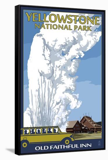 Old Faithful Lodge and Bus - Yellowstone National Park-Lantern Press-Framed Stretched Canvas