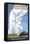 Old Faithful Lodge and Bus - Yellowstone National Park-Lantern Press-Framed Stretched Canvas