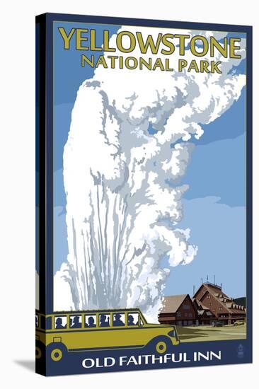 Old Faithful Lodge and Bus - Yellowstone National Park-Lantern Press-Stretched Canvas