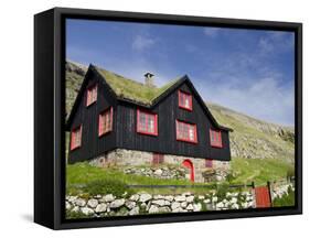 Old Farm House with Sod Roof, Kirkjubor Village, Faroe Islands, Denmark-Cindy Miller Hopkins-Framed Stretched Canvas