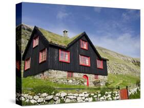 Old Farm House with Sod Roof, Kirkjubor Village, Faroe Islands, Denmark-Cindy Miller Hopkins-Stretched Canvas