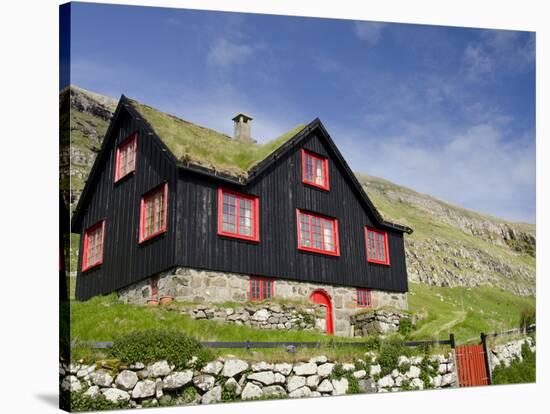 Old Farm House with Sod Roof, Kirkjubor Village, Faroe Islands, Denmark-Cindy Miller Hopkins-Stretched Canvas