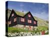 Old Farm House with Sod Roof, Kirkjubor Village, Faroe Islands, Denmark-Cindy Miller Hopkins-Stretched Canvas