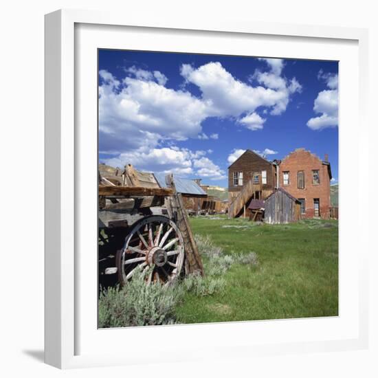 Old Farm Wagon and Derelict Wooden and Brick Houses at Bodie Ghost Town, California, USA-Tony Gervis-Framed Photographic Print