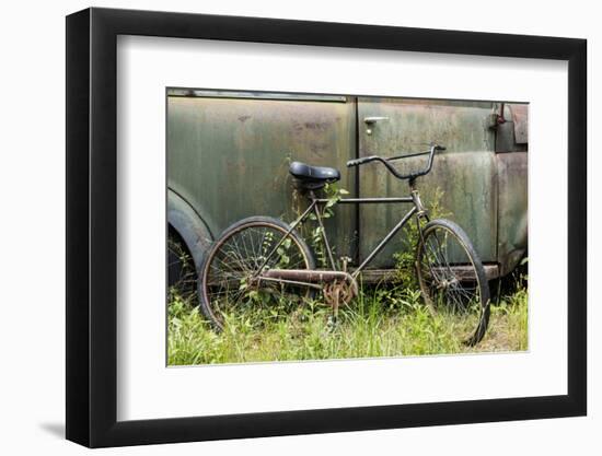 Old fashion bicycle leaning on old truck, Old Car City USA, White, Georgia-Adam Jones-Framed Photographic Print